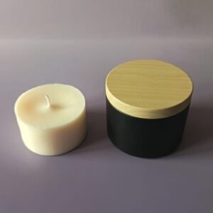Bougie rechargeable naturelle – Pot en métal noir (couvercle imitation bois)
